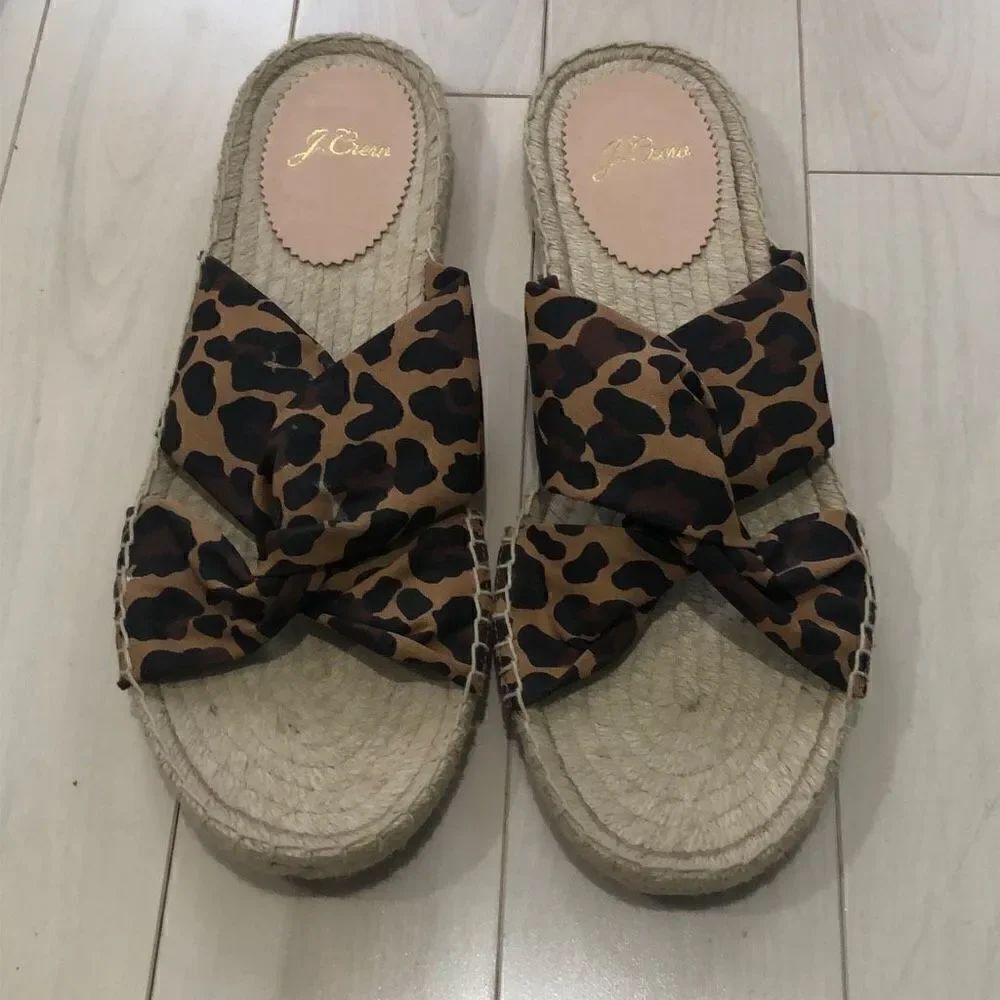 J. Crew Women's Leopard Print Twisted Knot Slip-on Boho Slide Brown Size 8.5